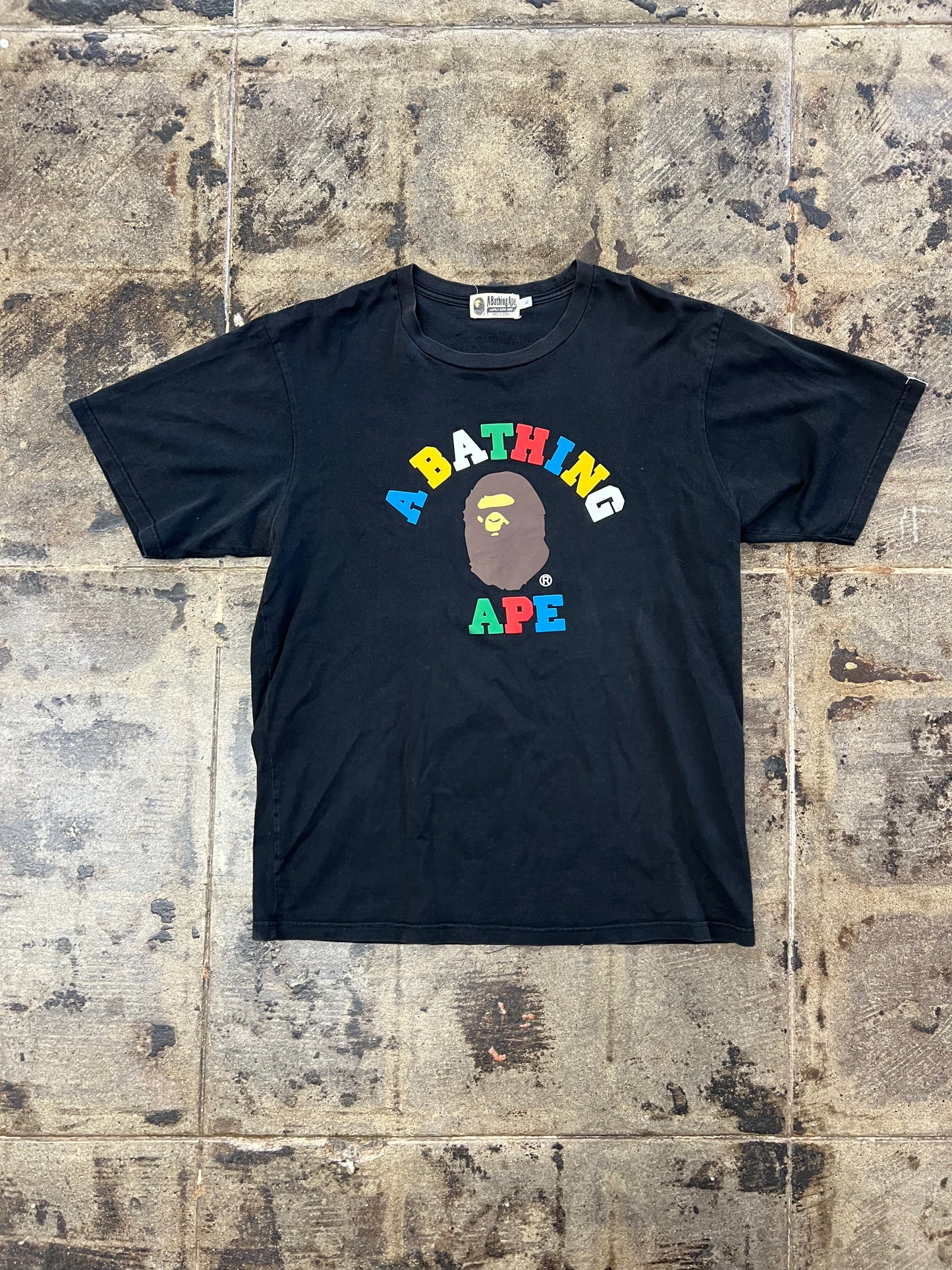 A BATHING APE BAPE MULTI COLOR LETTER COLLEGE TEE