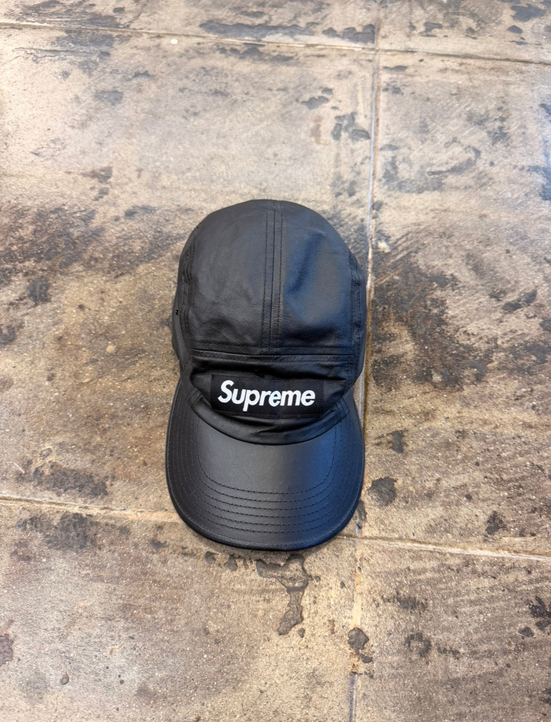 SUPREME BLACK LEATHER CAMP CAP